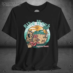 Bike Week Daytona Beach Skull Art T-Shirt with Tropical Beach Design