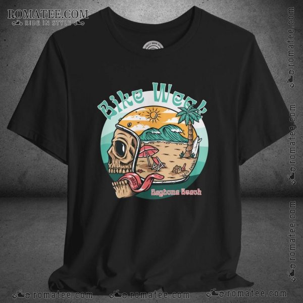 Bike Week Daytona Beach Skull Art T-Shirt with Tropical Beach Design