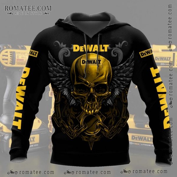 Black Gold Winged Skull Dewalt Hoodie – Gothic Skull Art with Wings and Chains Design