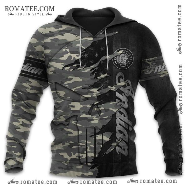 Camo Hoodie with Vintage Indian Motorcycle Graphic and American Flag Design