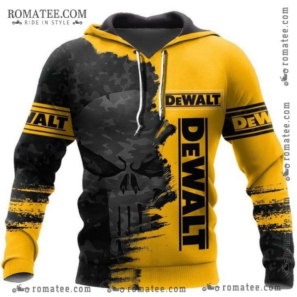 Camo Punisher Skull Graphic Hoodie for Dewalt Fans – Bold Black and Yellow Design