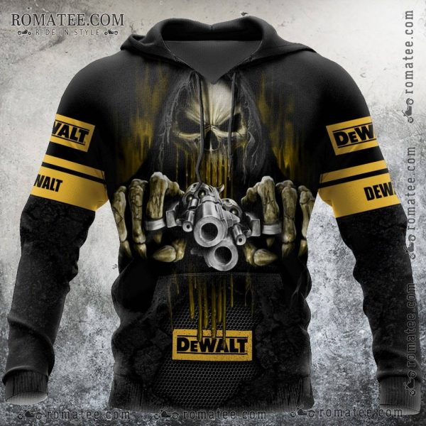 Crazy Death Skull Graphic Hoodie with Dewalt Branding and Gun Design