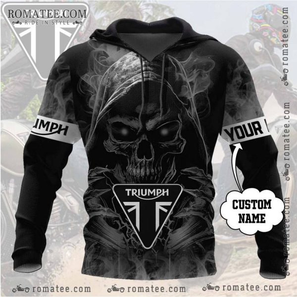 Custom Triumph Skull Hoodie – Biker Gothic Smoke Design with Personalized Sleeve Text