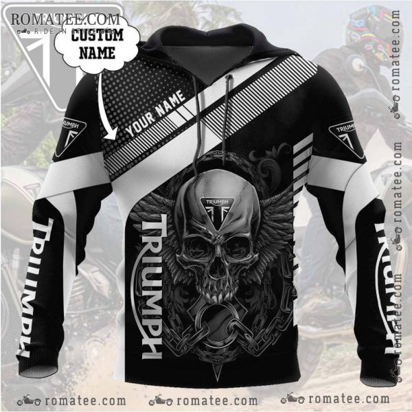 Custom Triumph Skull Wings Hoodie Personalized Name Geometric Patterns Bold Design Unisex