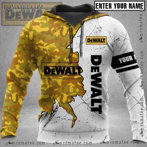 Customizable Dewalt Camo Hoodie with Yellow Camouflage and Black Splatter Design