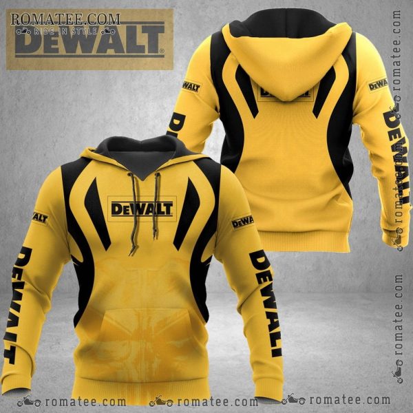 DEWALT Yellow Black Industrial Skull Hoodie with Bold Logo and Rugged Design