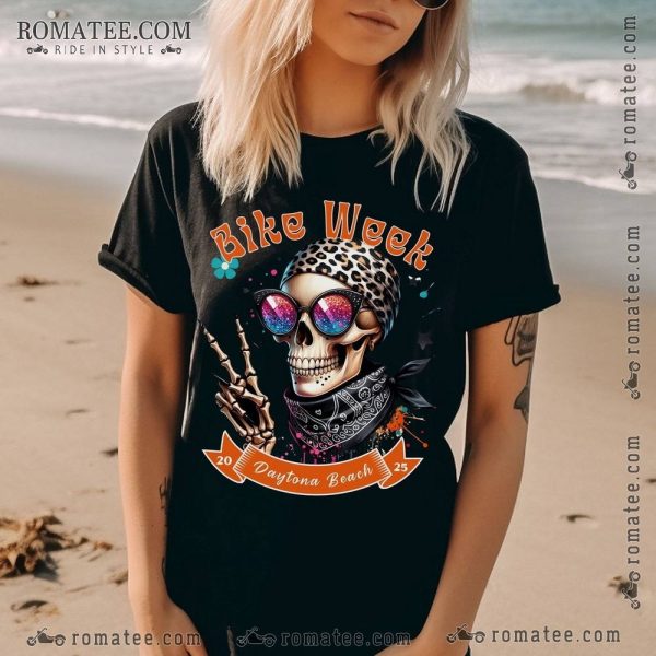 Daytona Beach Bike Week 2025 Skeleton Bandana Leopard Print T-Shirt