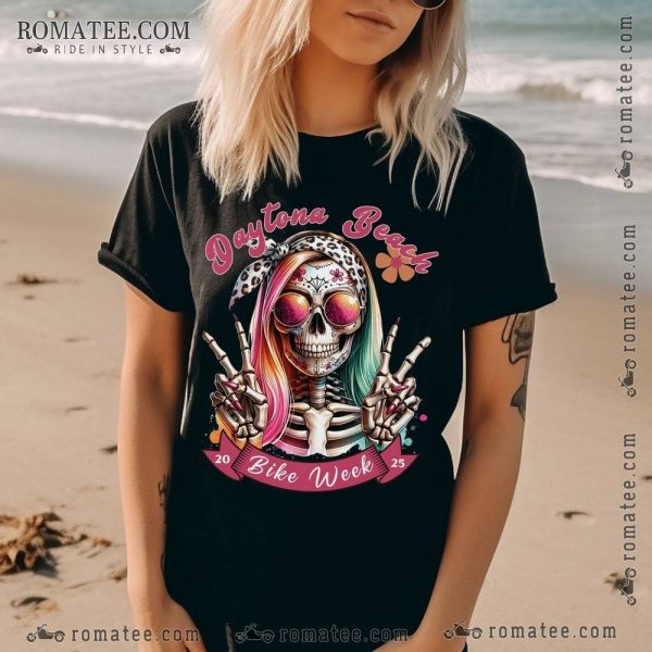 Daytona Beach Bike Week 2025 Skeleton Peace Sign T-Shirt