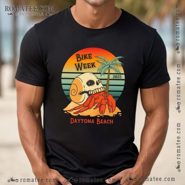 Daytona Beach Bike Week 2025 Skull Crab Sunset T-Shirt