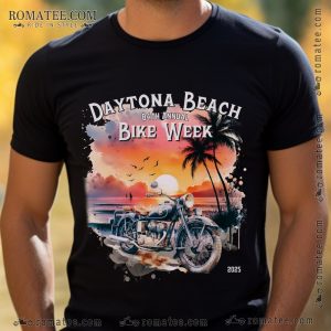 Daytona Beach Bike Week 2025 T-Shirt – 84th Annual Event, Sunset Motorcycle Design, Palm Trees, Birds