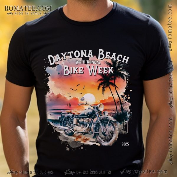 Daytona Beach Bike Week 2025 T-Shirt – 84th Annual Event, Sunset Motorcycle Design, Palm Trees, Birds