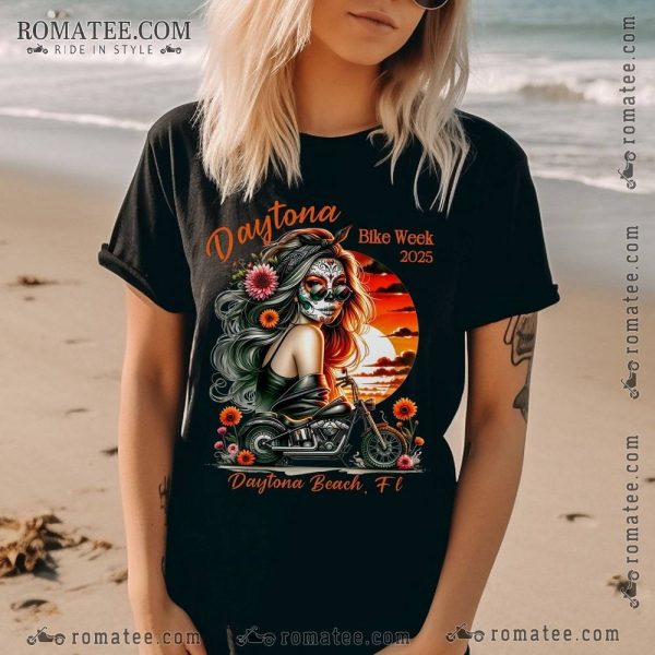 Daytona Bike Week 2025 T-Shirt – Day of the Dead Biker Girl Sunset Design