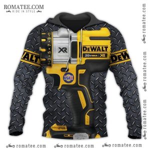 DeWalt 3D Power Drill Hoodie – Industrial Tool Design with Diamond Plate Background