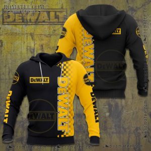 DeWalt Black and Yellow Checkered Hoodie with Bold Logos and Circular Sleeve Designs