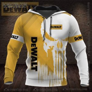 DeWalt Punisher Skull Hoodie – Rugged Yellow and Black Distressed Design, Paint-Splatter Effect