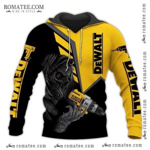 Death Skull Graphic Dewalt Drill Hoodie with Bold Yellow and Black Design