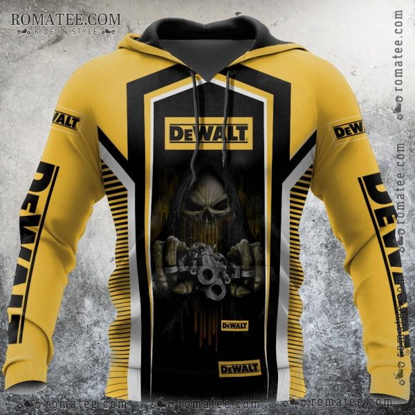 Death Skull Graphic Hoodie with Dewalt Logo and Gun Design in Yellow and Black