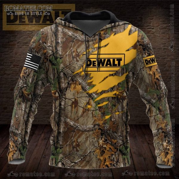 Dewalt Camouflage Hoodie with Bold Logo and Leafy Forest Pattern