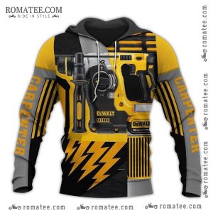 Dewalt Carpenter Hoodie with Power Tools Graphic Art and Bold Yellow Design