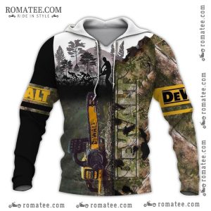 Dewalt Chainsaw Forest Art Hoodie with Woodland Camouflage and Logger Silhouette Design