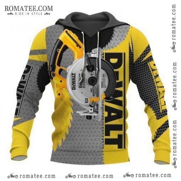 Dewalt Circular Saw Graphic Hoodie with Bold Yellow and Black Construction Design