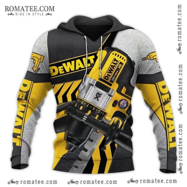 Dewalt Drill Art Hoodie with Bold Yellow and Black Tool Design for DIY Enthusiasts