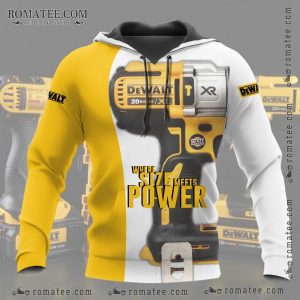 Dewalt Drill Power Tools Hoodie with Realistic Tool Graphic Design and Bold Color Contrast