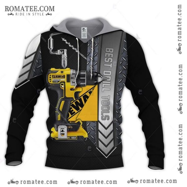 Dewalt Drill Tools Hoodie with Industrial Design and Metallic Accents