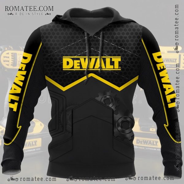 Dewalt Industrial Gear Hoodie – Bold Black and Yellow Design with Mechanical Elements