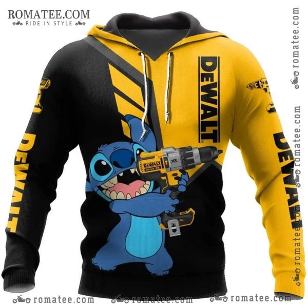 Dewalt Stitch Hoodie with Cartoon Character and Bold Graphic Design