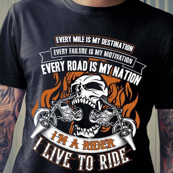 Every Mile Is My Destination Skull Rider T-Shirt with Flames and Motorcycles Design