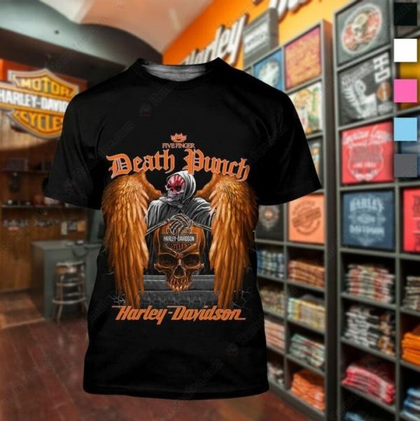 Five Finger Death Punch And Harley-Davidson Skull Wings Graphic T-Shirt