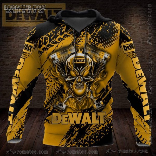 Flaming Piston Skull Dewalt Hoodie with Bold Graphics and Industrial Theme