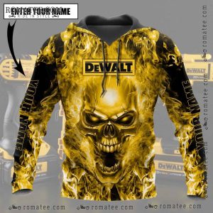 Flaming Skull with Glowing Eyes Custom Dewalt Hoodie – Bold Yellow Fire Art Design