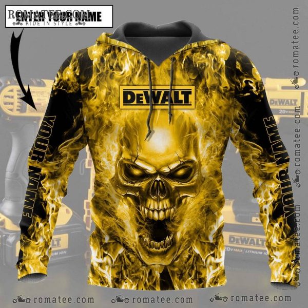 Flaming Skull with Glowing Eyes Custom Dewalt Hoodie – Bold Yellow Fire Art Design