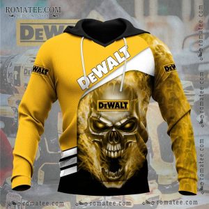 Flaming Skull with Glowing Eyes Dewalt Hoodie – Bold Graphic Art for Builders and Enthusiasts