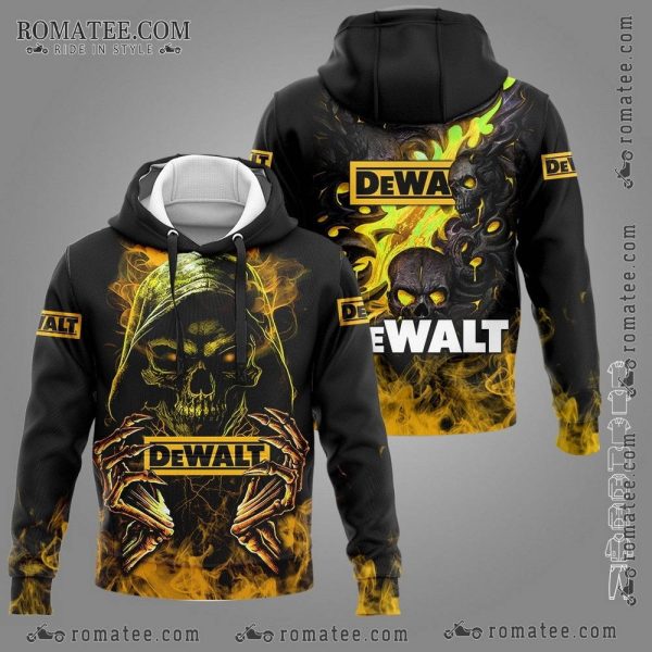 Glowing Eyes Death Skull Smoke Hoodie with Dewalt Branding and Fiery Design