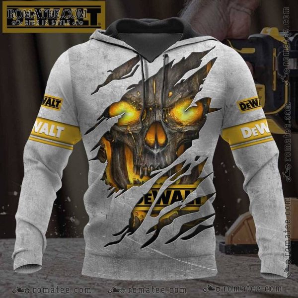 Glowing Eyes Skull Dewalt Hoodie with Torn Design and Industrial Theme