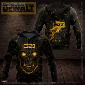 Glowing Eyes Skull Lava Texture Hoodie with Dewalt Branding and Fiery Design