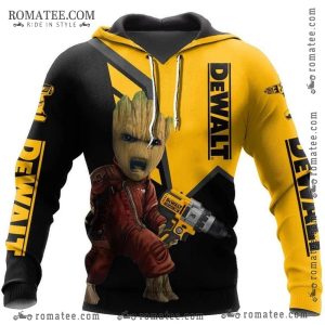 Groot Dewalt Drill Tool Hoodie with Graphic Art and Bold Branding Design