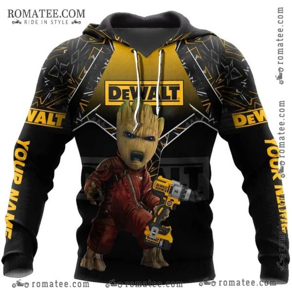 Groot Inspired Dewalt Hoodie with Customizable Name and Bold Graphic Design