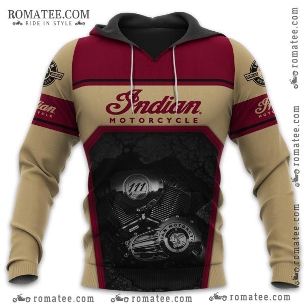 Indian Motorcycle Engine Graphic Hoodie – Beige and Maroon