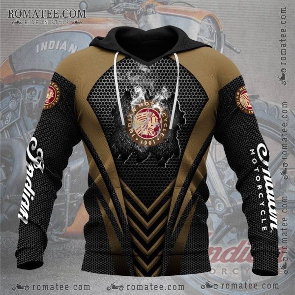 Indian Motorcycle Graphic Hoodie with Hexagonal Pattern and Vintage Logo Design