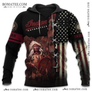 Indian Motorcycle Hoodie with Native American Chief and American Flag Design