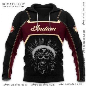 Indian Motorcycle Hoodie with Native American Headdress Design, Black and Maroon Pullover