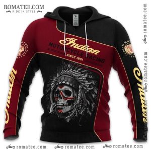 Indian Motorcycle Racing Skull Hoodie with Native American Art and Bold Graphics