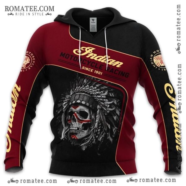 Indian Motorcycle Racing Skull Hoodie with Native American Art and Bold Graphics