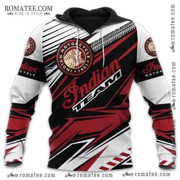 Indian Motorcycle Team Hoodie – Geometric Black White Red Design with Logo on Chest and Sleeves