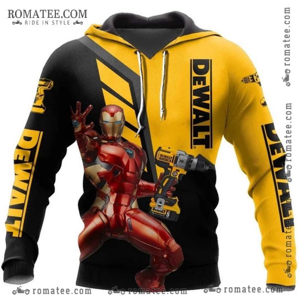 Iron Man Dewalt Drill Graphic Hoodie with Bold Superhero and Tool Design