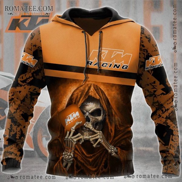 KTM Racing Grim Reaper Hoodie – Gothic Skeleton Artwork, Orange Black Camouflage Motocross Jacket